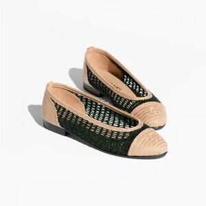 Chanel Woman’s CC Cap Toe Ballet Flats Brown & Black Raffia - Size 38.5